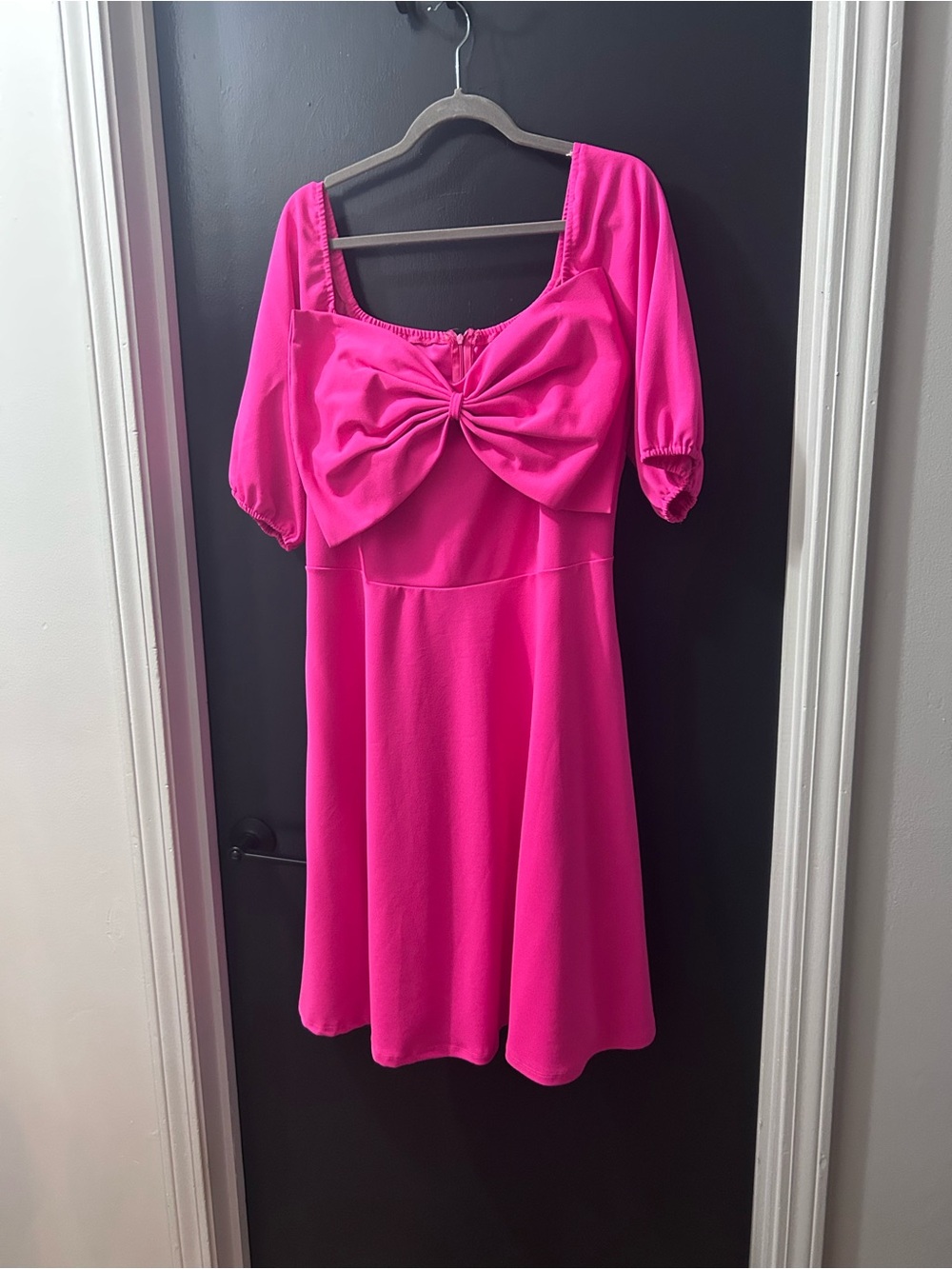 Fuchsia Puff-Sleeve Midi Dress with Bow Front